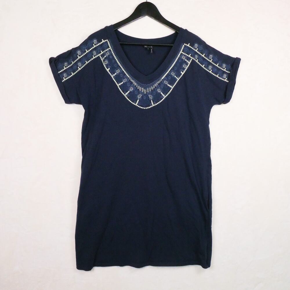 Nic Zoe Navy Blue Embroidered T-Shirt Dress Size L Tunic Pockets Comfy Easy Boho